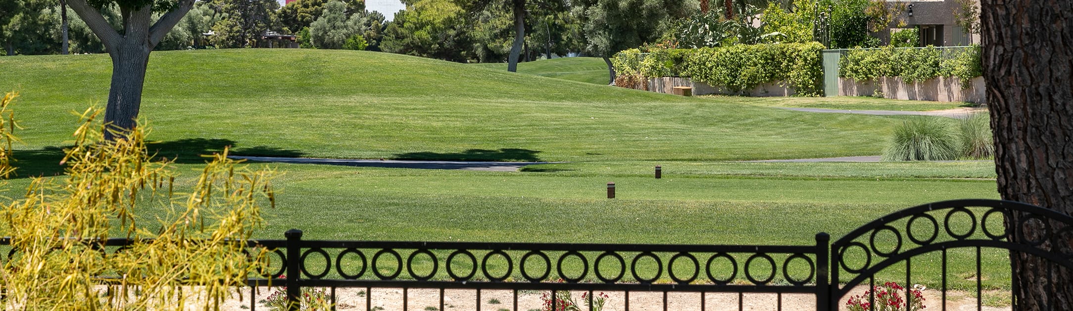 Gold course from view of backyard with an iron rod fence.