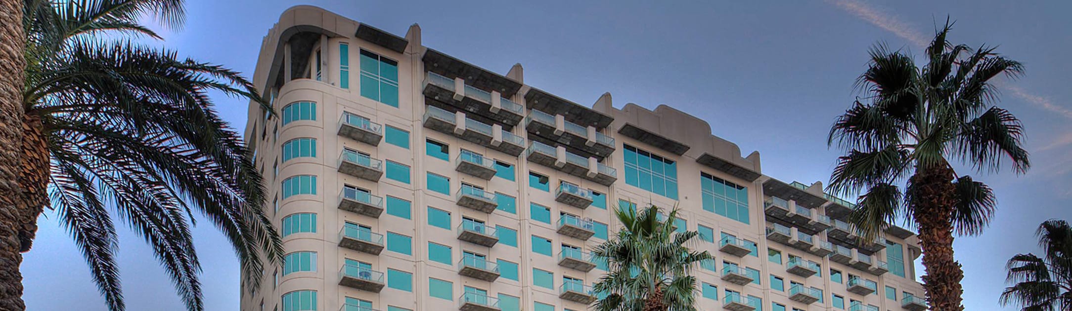 View of top of a art deco high rise with palm trees.